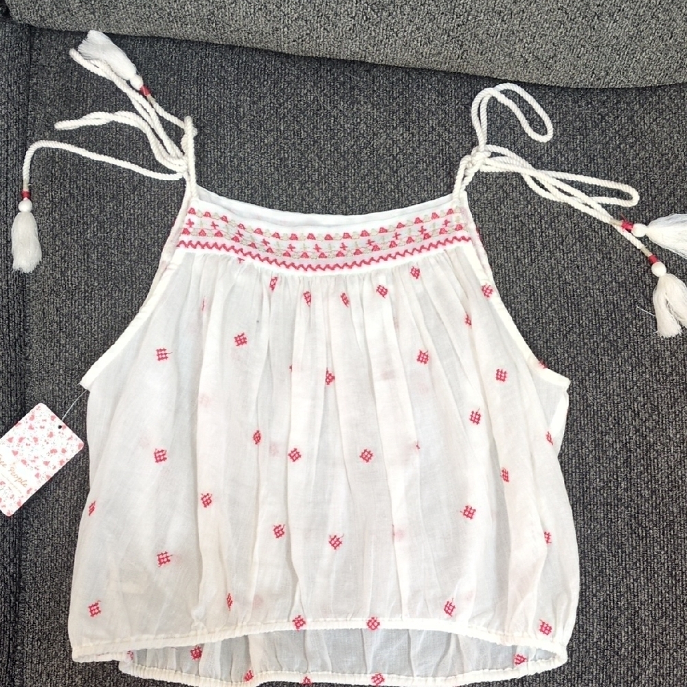 White and Pink Embroidered Sleeveless Top